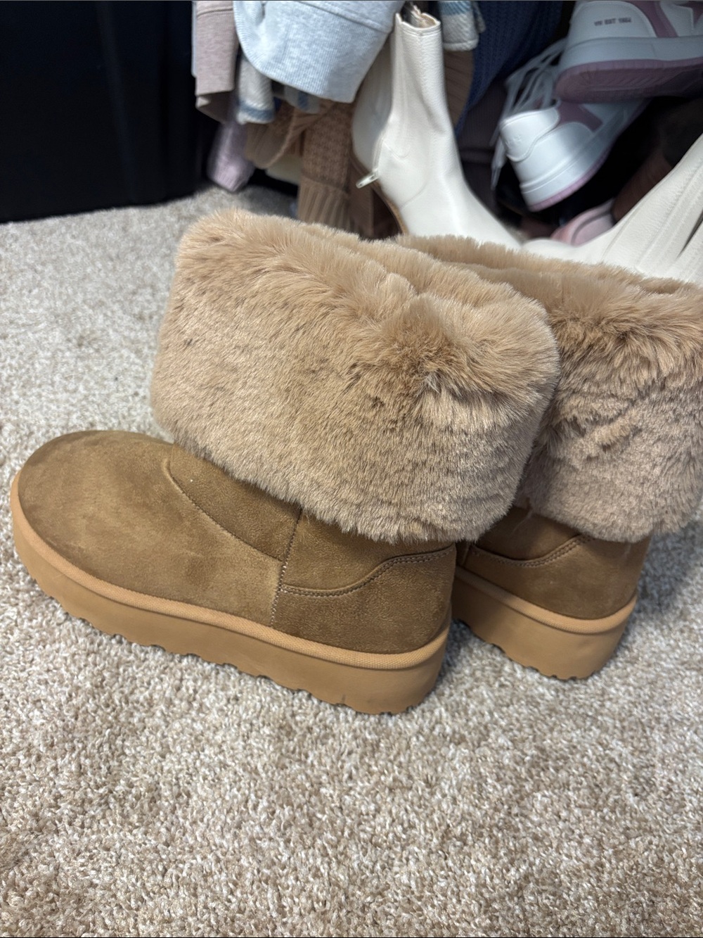 Faux Fur Fold-Over Winter Boots - Tan